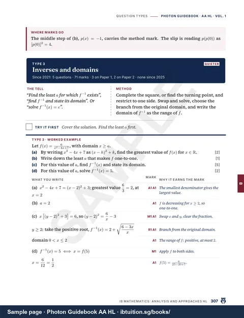 Sample page from Volume 1: A question type: the tell, the method and a worked example marked line by line (Vol. 1, Ch 8)