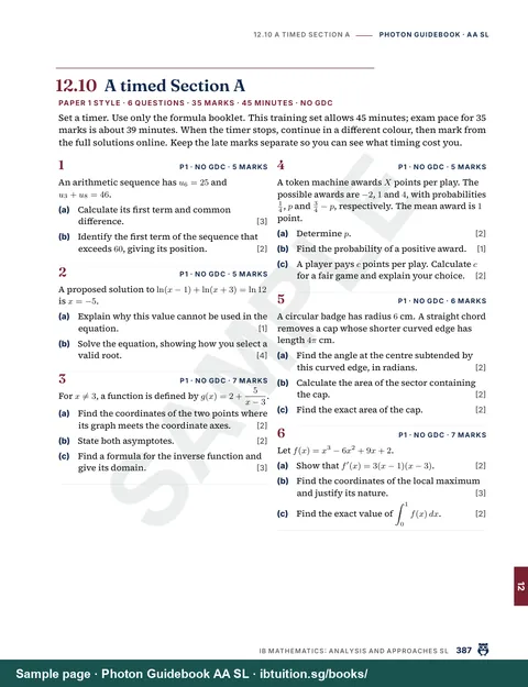 Sample page from Ultimate Guide: IB Maths AA SL: Exam strategy: a timed Section A (Ch 12)