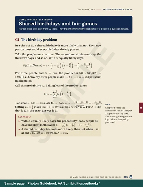 Sample page from Ultimate Guide: IB Maths AA SL: Going further: the birthday problem (Ch 8)