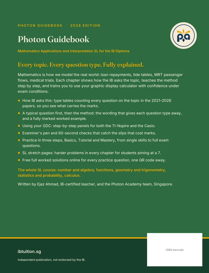 Back cover of Photon Guidebook: Mathematics Applications and Interpretation SL for the IB Diploma