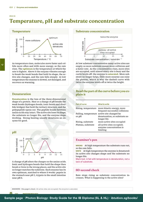Sample page from Photon Biology: IB Biology SL & HL: Illustrated panels: temperature, pH and substrate concentration (C1.1)