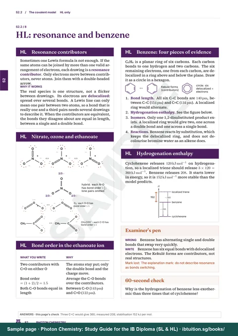 Sample page from Photon Chemistry: IB Chemistry SL & HL: HL panels are marked: resonance and benzene (S2.2)