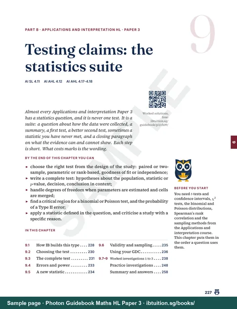 Sample page from Photon Guidebook: IB Maths HL Paper 3: Chapter opener in Part B: Testing claims: the statistics suite (Ch 9)
