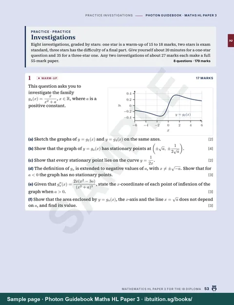 Sample page from Photon Guidebook: IB Maths HL Paper 3: Practice investigations graded by difficulty, with short answers printed and full solutions online (Ch 2)