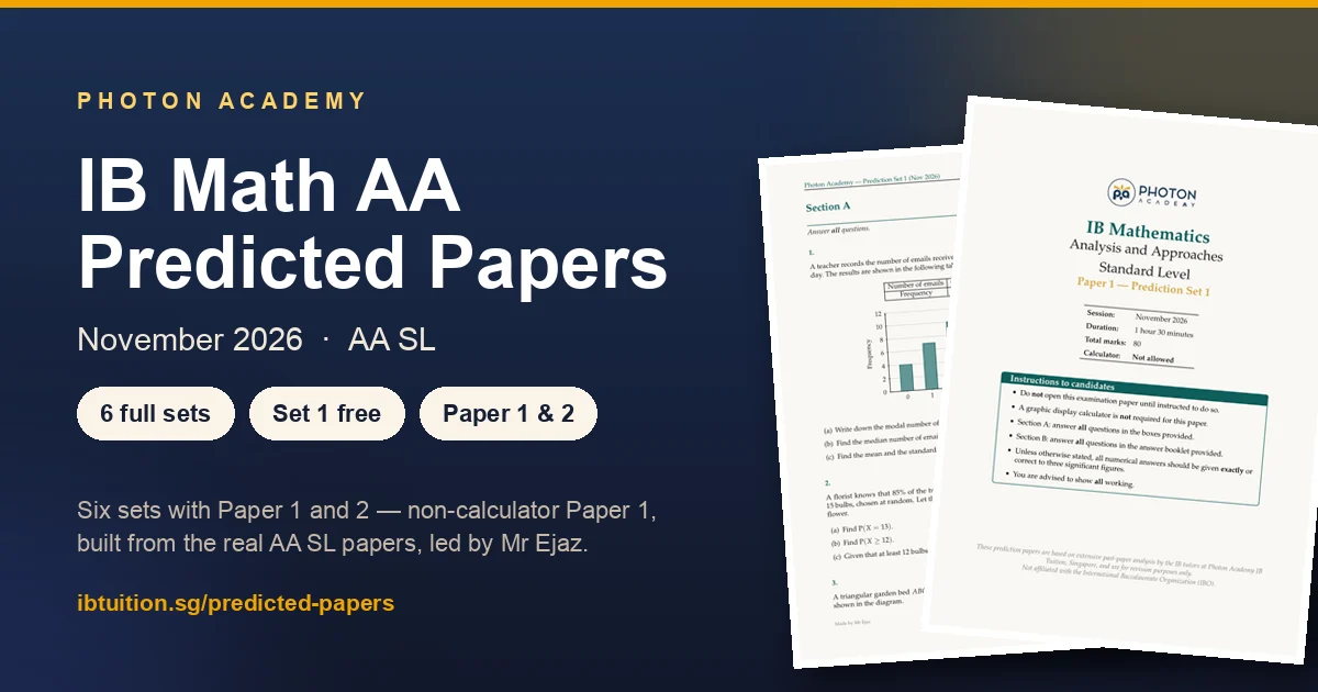 Photon Academy IB Math AA SL predicted papers for November 2026 — six sets, Paper 1 and 2, with mark schemes