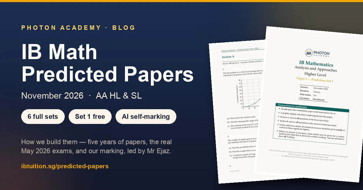 Photon Academy IB Math predicted papers for November 2026 — AA HL and SL, six sets with mark schemes, led by Mr Ejaz