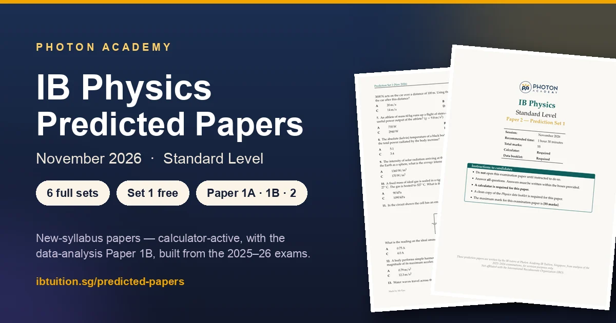 Photon Academy IB Physics SL predicted papers for November 2026 — six sets, Paper 1A, 1B and 2, with mark schemes