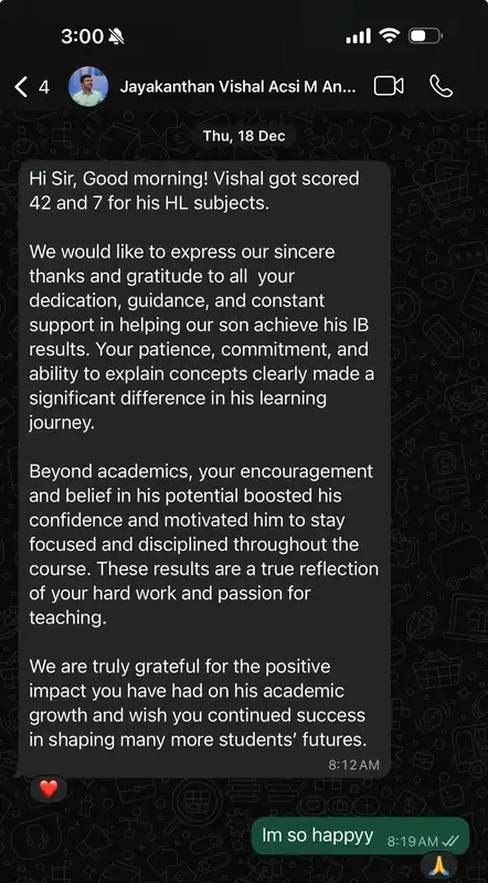 Student WhatsApp message — scored 7 in IB Math AA HL