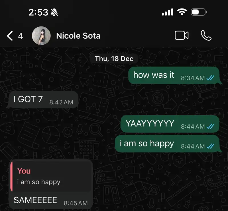 Student WhatsApp message — IB Math score 7