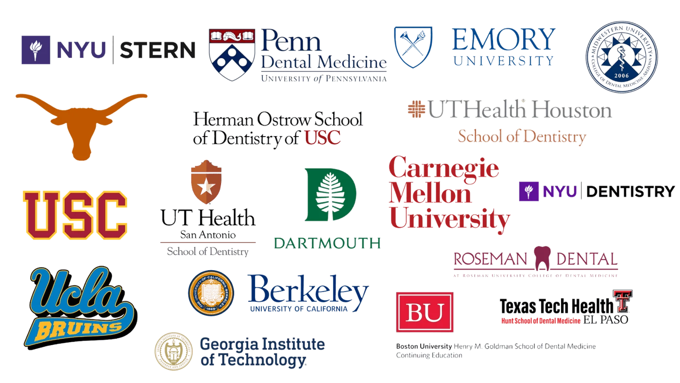 Universities where The Admit Edit's students have been admitted, including NYU Stern, Penn Dental Medicine, Emory, UT Austin, USC, Dartmouth, Carnegie Mellon, UCLA, UC Berkeley and Georgia Tech