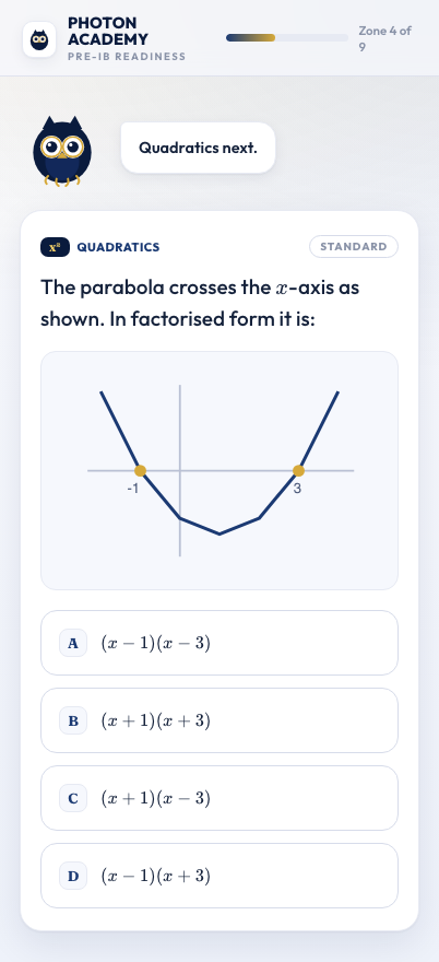 Pre-IB Math Diagnostic app — a graph-based quadratics question asking for the factorised form of a parabola from its x-axis roots